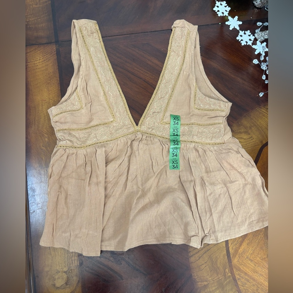 Elegant Tan Embroidered Sleeveless Top